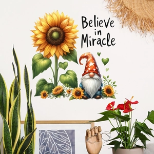 Sunflower and dwarf wall sticker with Believe in Miracle text in home decor scene