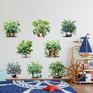 Set di 8 adesivi murali autoadesivi con piante verdi in vaso come monstera e fico a foglia
