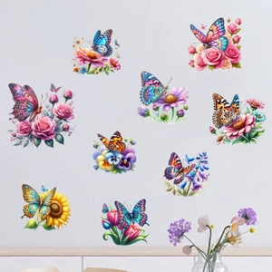 Detailed view of colorful sunflower and butterfly wall stickers on a clean white surface