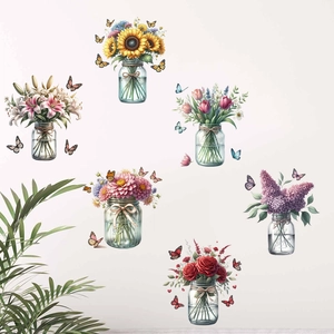 Detail of floral wall decals featuring colorful flowers in mason jars with butterflies