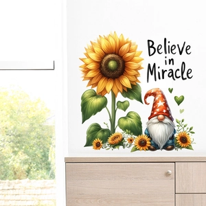 Detail of sunflower gnome wall sticker with Believe in Miracle text in a modern living room