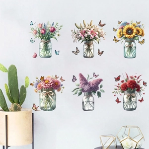 Detail view of six floral wall stickers in mason jars with butterflies on a gray wall