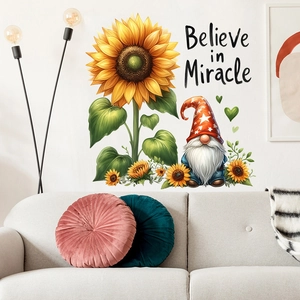 Detail of self-adhesive sunflower and gnome wall sticker with Believe in Miracle text