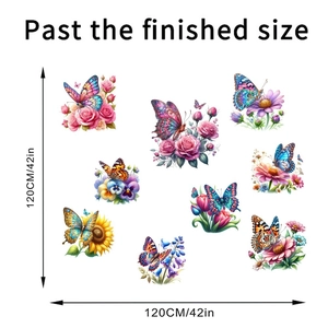 Detail showing self-adhesive sunflower and butterfly wall decals with dimensions