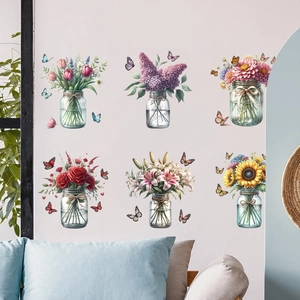Detail of self-adhesive wall decals featuring six floral vases and colorful butterflies