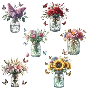 Detail of six watercolor floral wall stickers in mason jars with colorful butterflies