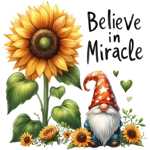 Detail of sunflower wall sticker featuring a gnome and Believe in Miracle quote