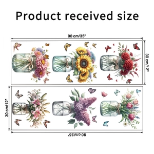 Detail of floral wall stickers showing dimensions 90x30cm with butterflies and flowers