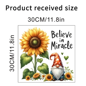 Detail view of 30cm sunflower gnome wall sticker with Believe in Miracle text
