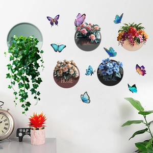 3D home wall stickers featuring 5 floral pots and colorful butterflies on white background
