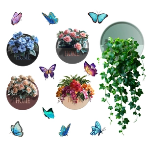 Detail of floral home wall stickers with hydrangea roses ivy and colorful butterflies