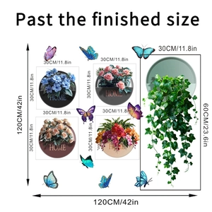 Detailed size guide for self-adhesive wall stickers with floral pots and butterflies