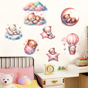 Pink teddy bear with clouds and hot air balloon wall stickers for nursery room decor