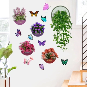 Self-adhesive floral wall stickers featuring potted plants and colorful butterflies for home decor