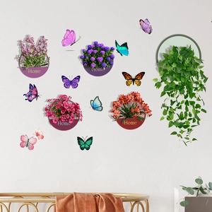 Detail view of 4 potted plant stickers with 'Home' text and 8 colorful 3D butterflies