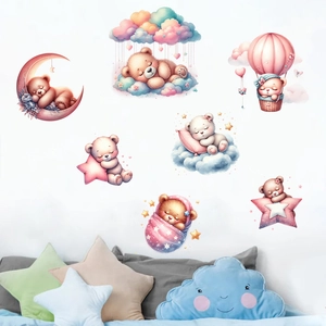 Pink teddy bear wall decals with hot air balloons and clouds for nursery decor