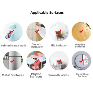 Guide showing suitable surfaces for 3D dog wall decals including wood, tile, and glass