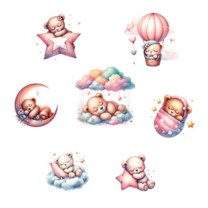 Pink teddy bear with hot air balloon and stars wall stickers for nursery decor