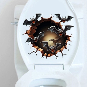 3D Halloween toilet sticker with spooky grey bats flying from a dark wooden frame hole