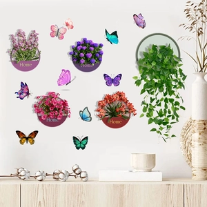 Detail view of 3D Home plant wall stickers featuring potted lavender and butterflies