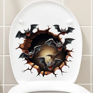 3D Halloween wall sticker featuring black bats with red eyes flying out of a wall hole