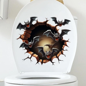 Close-up of 3D Halloween toilet sticker featuring flying bats and broken wall effect