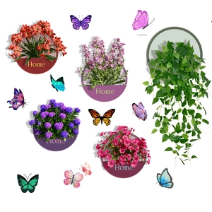 Detailed wall sticker set featuring colorful potted plants, flowers and vibrant butterflies