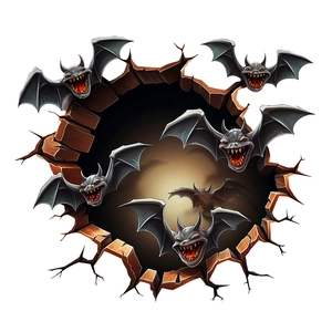 3D Halloween wall decal featuring grey vampire bats flying from a cracked stone brick wall