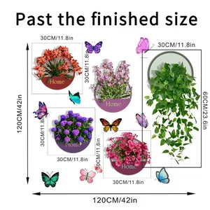 Size chart showing 120cm wall sticker layout with floral pots and butterfly details