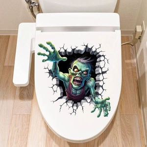 3D zombie breaking wall decal on white toilet lid for Halloween bathroom decoration