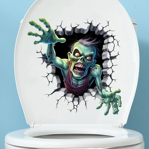 3D realistic zombie decal showing a scary creature breaking through white toilet lid cover
