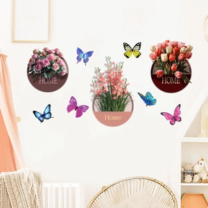 Detail of floral wall stickers featuring potted flowers and colorful butterflies on wall