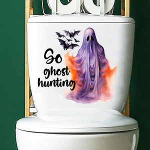 Detail of waterproof Halloween toilet sticker featuring purple ghost and bat illustrations