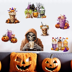 Halloween wall decals featuring skeleton and pumpkin drinks above a cozy sofa scene