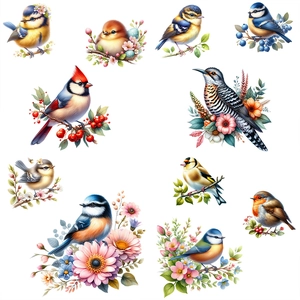 Self-adhesive waterproof wall stickers featuring hand-painted birds and floral branches