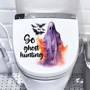Halloween toilet seat decal featuring purple ghost and 'Go ghost hunting' slogan