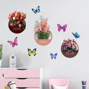 Detail of floral potted plant wall stickers with 3D butterflies and HOME typography