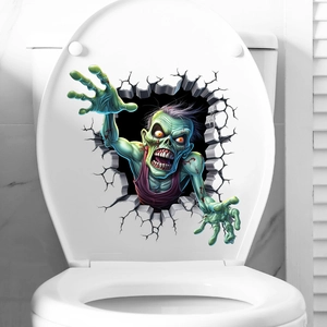 3D horror zombie sticker detail on a white toilet lid for Halloween bathroom decoration