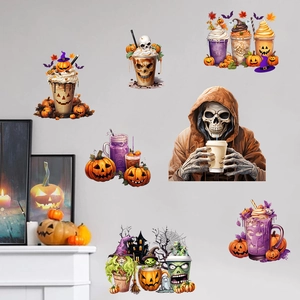 Halloween wall decals featuring spooky milkshakes and pumpkin bats for home decor