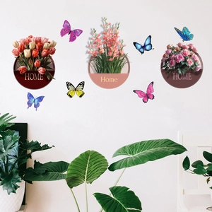 Detailed wall sticker featuring colorful tulips and roses with 3D butterfly accents