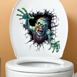 Close-up of 3D zombie decal on a white toilet lid for Halloween home decoration