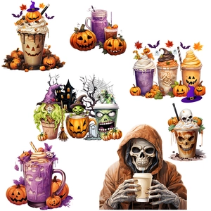 Halloween wall stickers featuring pumpkin milk tea and skeleton watercolor illustrations