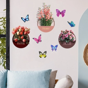 Detail of floral hanging basket wall stickers with HOME text and colorful butterflies