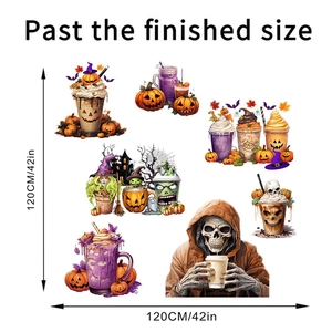 Detailed view of Halloween stickers showing pumpkin ice cream and skull coffee motifs