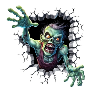 Detail of 3D zombie hand breaking through wall decal for Halloween spooky wall decor