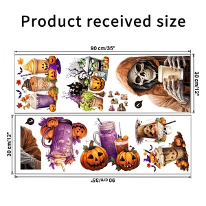 Size layout for Halloween wall stickers with skeleton and pumpkin motifs, 90x30cm per sheet