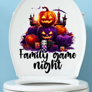 Detail of Halloween pumpkin decals with ghost castle and Family Game Night text