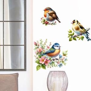 Three-piece set of realistic bird wall stickers with pink blossoms and green leaves
