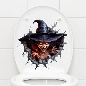 3D Halloween wall decal showing an evil witch breaking through a cracked white background