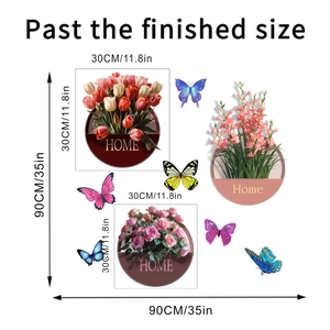 Detailed size guide for self-adhesive floral wall stickers with tulips and butterflies